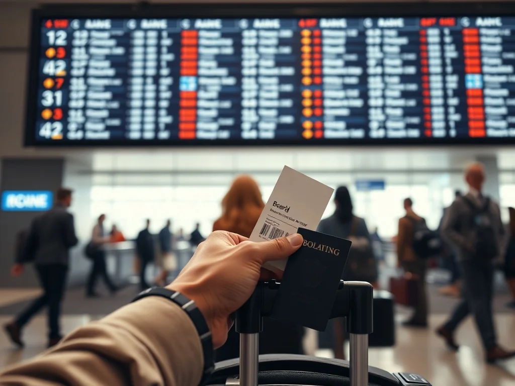 Ręka pasażera z paszportem i kartą pokładową przy bramce, w tle ekran odlotów i kolejka oczekujących na wejście na pokład