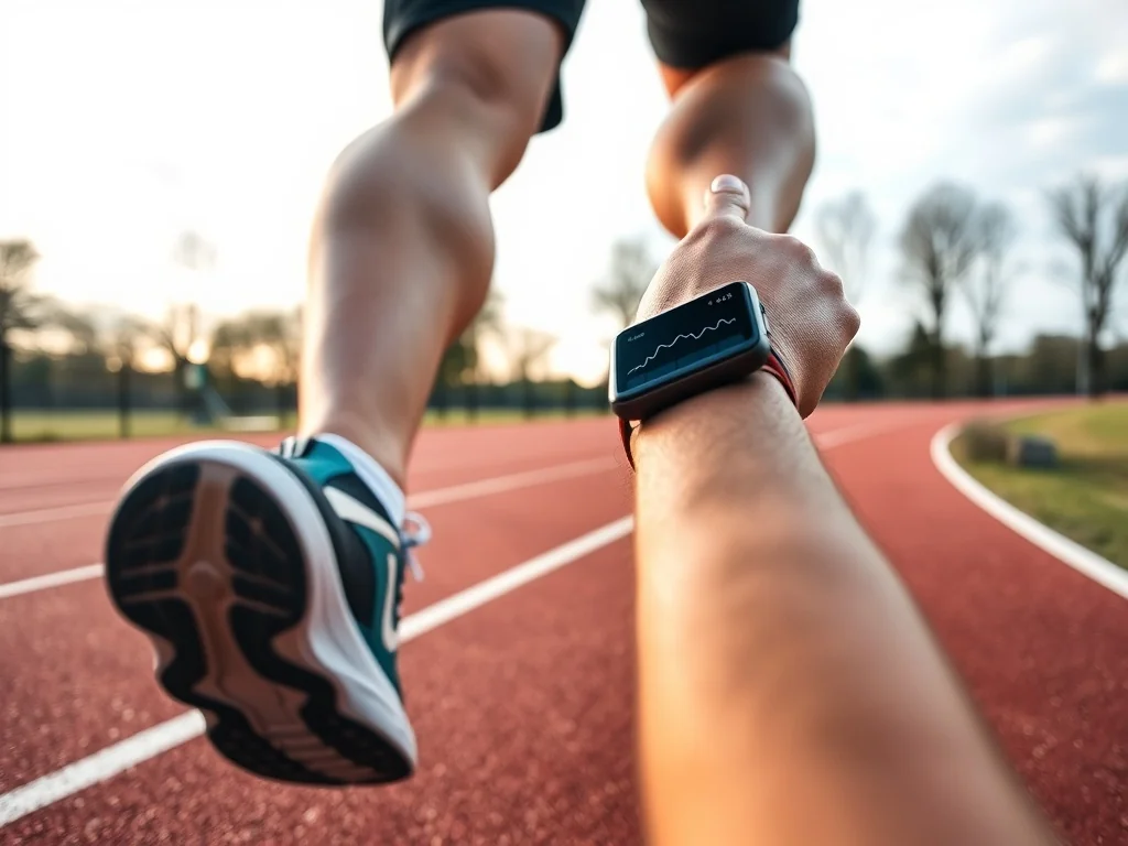 Biegacz na pustej bieżni w parku, smartwatch na nadgarstku pokazuje wykres tempa, spokojna poranna atmosfera